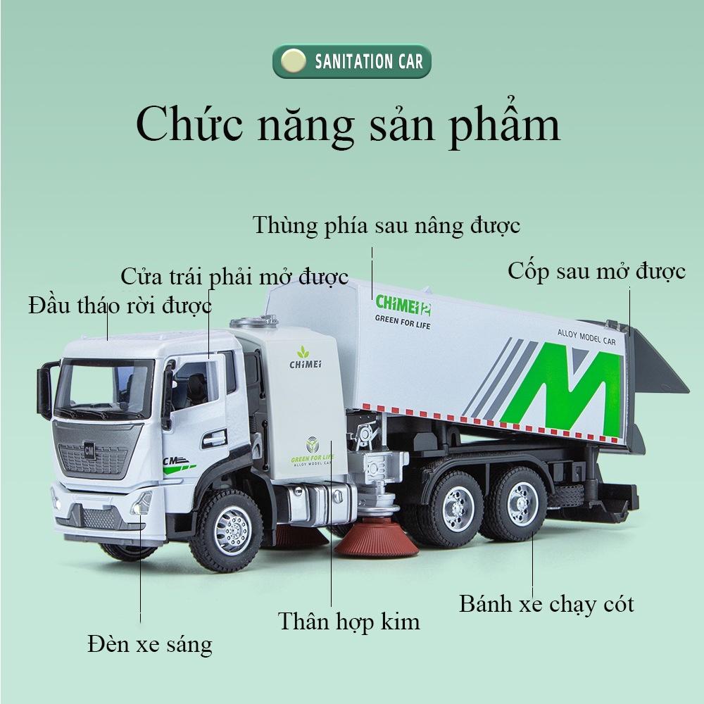 Đồ chơi xe tải vệ sinh thành phố có chổi quét bằng kim loại có nhạc và đèn thùng xe nâng hạ mở được