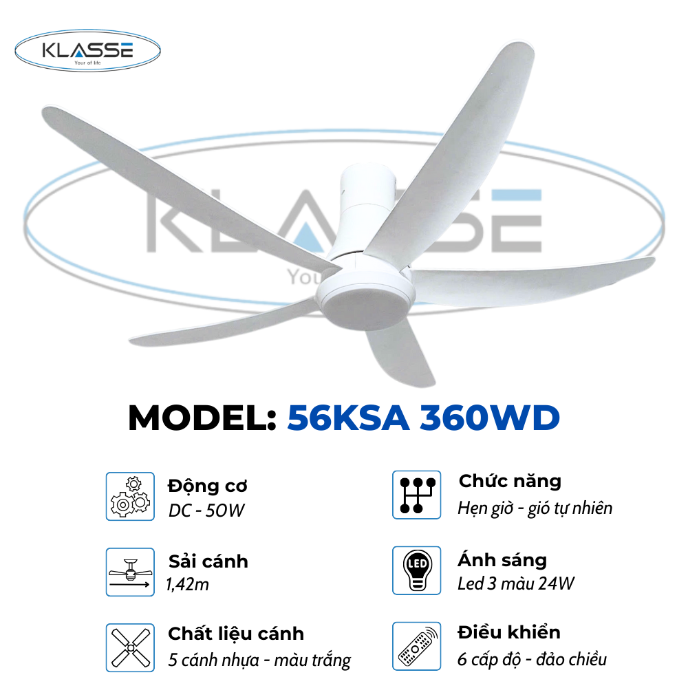Quạt trần một đèn Klasse 56KSA 360WD hàng chính hãng
