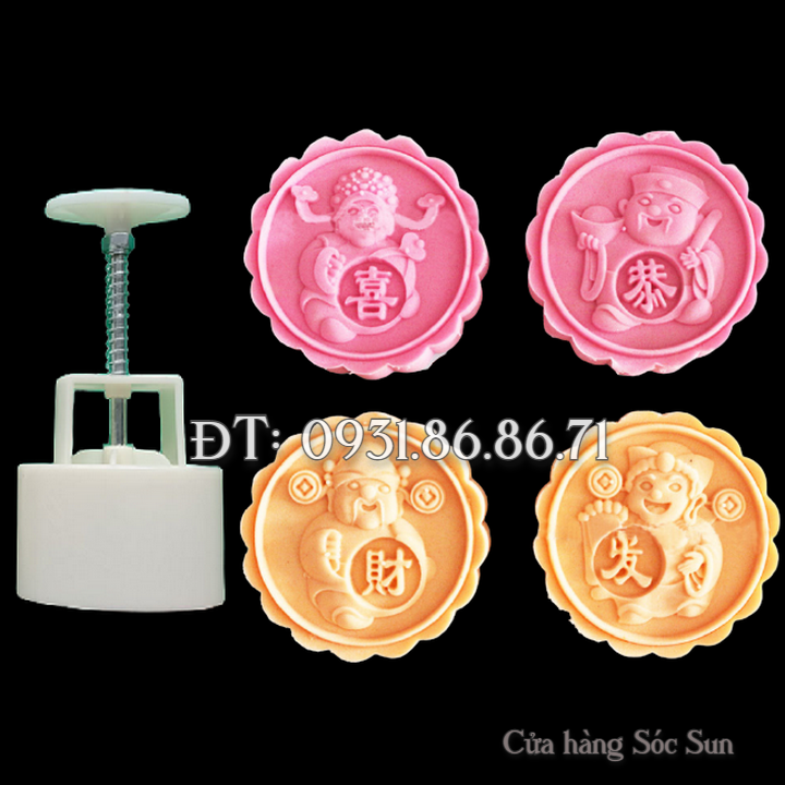 Khuôn trung thu lò xo Thần Tài cung hỷ phát tài 4 mặt hình tròn – Mã số 1113