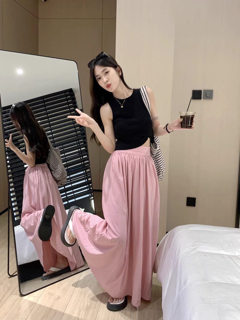 SHUANGYAN Váy cao eo nửa người kiểu Pháp, váy lê mùa hè, dáng người lớn, dịu dàng, gầy gò, váy chữ A dài.