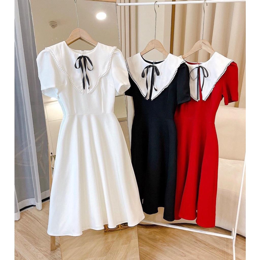 Đầm đen dự tiệc phối cổ bèo bâu trắng Cao Cấp 3 màu trắng đen đỏ, dáng xòe tay ngắn nữ tính quyến rũ sang trọng - MiNhi