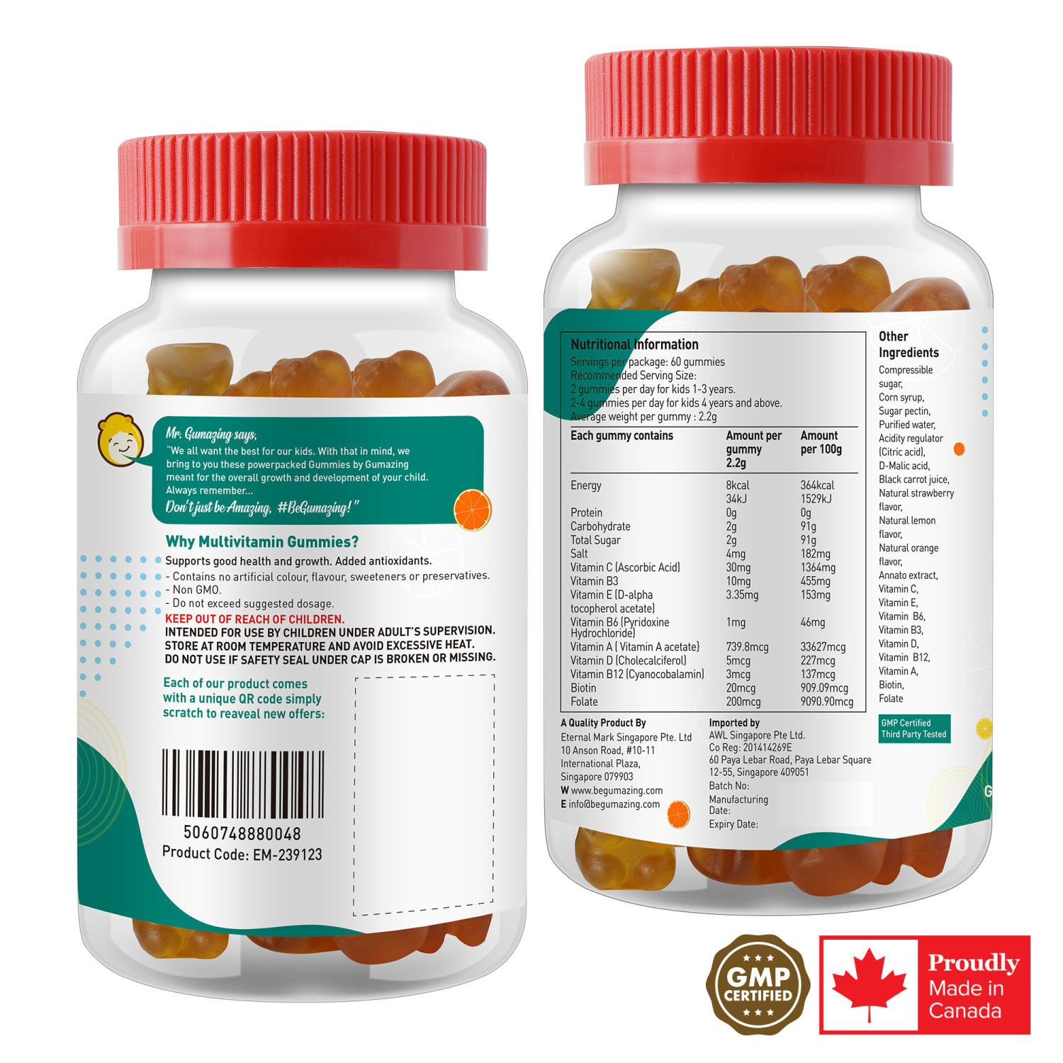 Kẹo dẻo dinh dưỡng Gumazing Gummy Multivitamin hương trái cây cho bé, cung cấp Vitamin A, C, D, E, B & Kẽm, giúp củng cố hệ thống miễn dịch dành cho bé - 60 viên/hủ