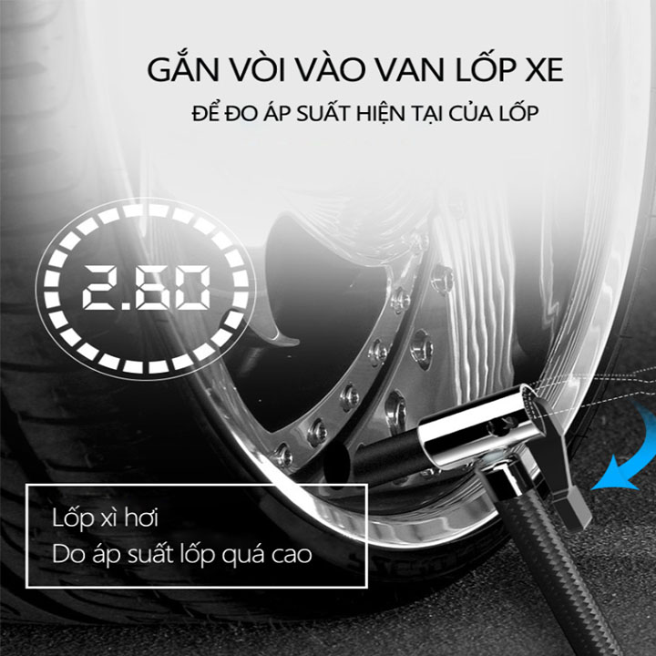 Bơm lốp ô tô thông minh- Máy bơm lốp xe hơi 12v điện tử tự ngắt tích hợp đèn led đồng hồ điện tử-R5501