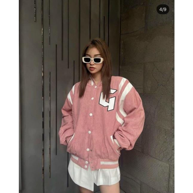 Áo bomber nhung phom rộng thêu chữ G unisex nam nữ phối viền,áo khoác bóng chày nút bấm thích hợp mặc cặp phong cách hàn