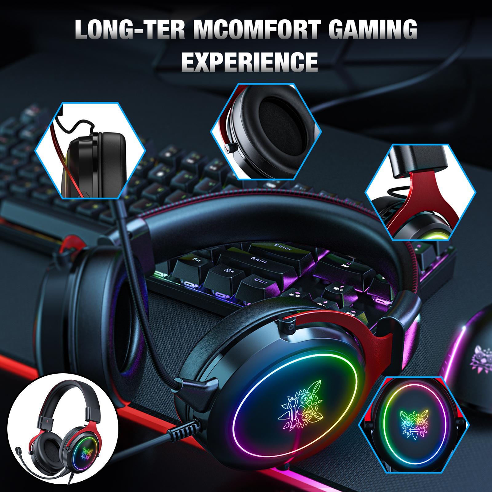 Wired Gaming Headsets RGB LED Headphones Detachable Mic for Black Red