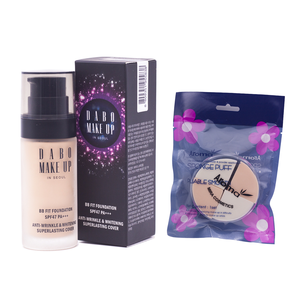 Combo Kem nền trang điểm cho mọi loại da cao cấp Hàn Quốc Dabo Make Up BB Fit Foundation (30ml) + tặng Bông phấn trang điểm đa năng cao cấp Hàn Quốc Aroma 4 miếng