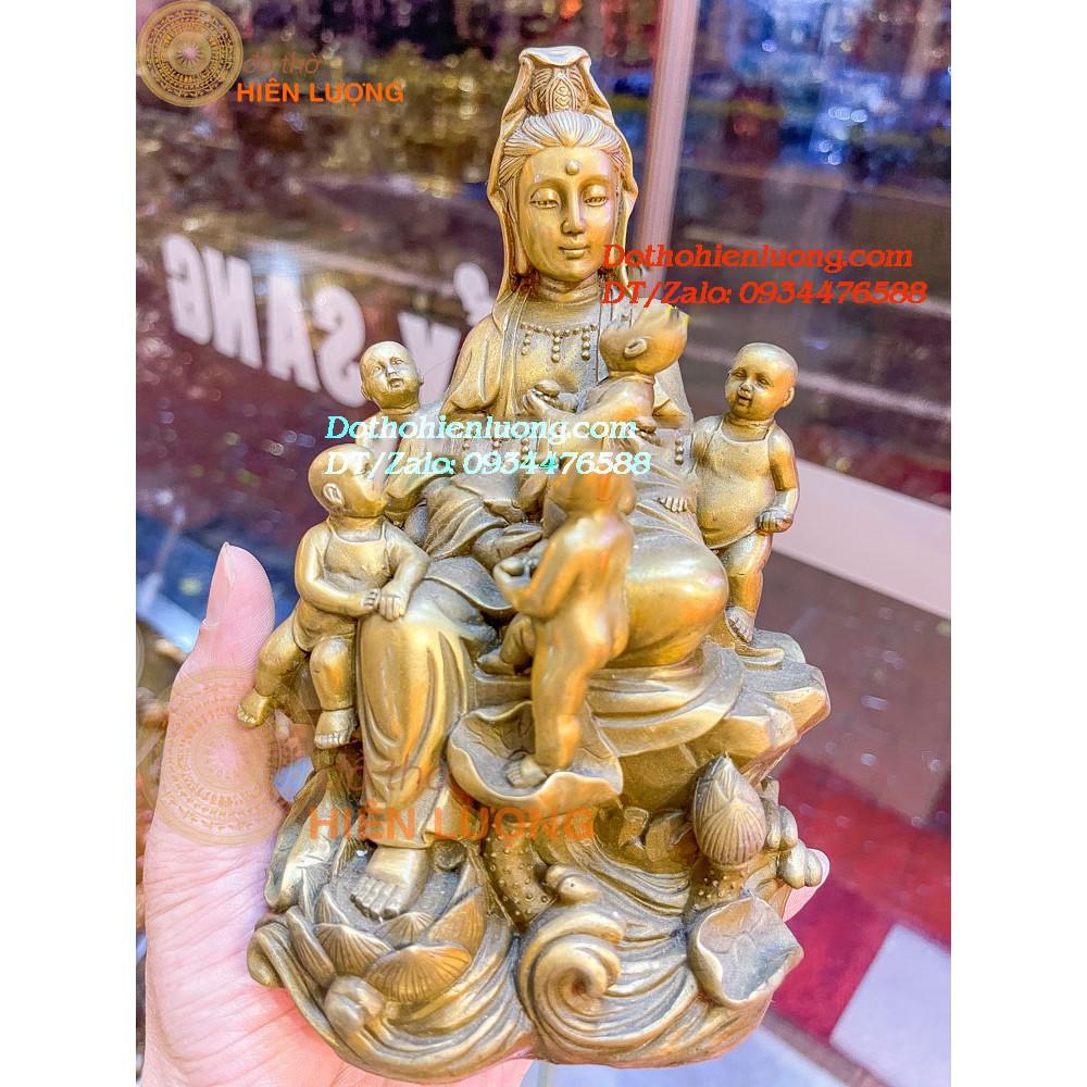 Tượng Phật Bà Quan Âm Cùng 05 Đứa Trẻ Ngũ Phúc Bằng Đồng Vàng Nguyên Chất Cao 18cm, Nặng 1,3kg