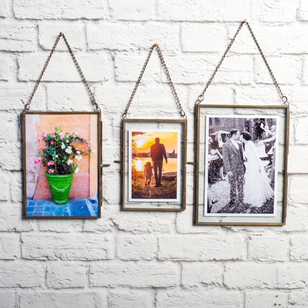 2x Antique Brass Hanging Glass Float Portrait Photo Frames 5x7 inch+4x6 inch