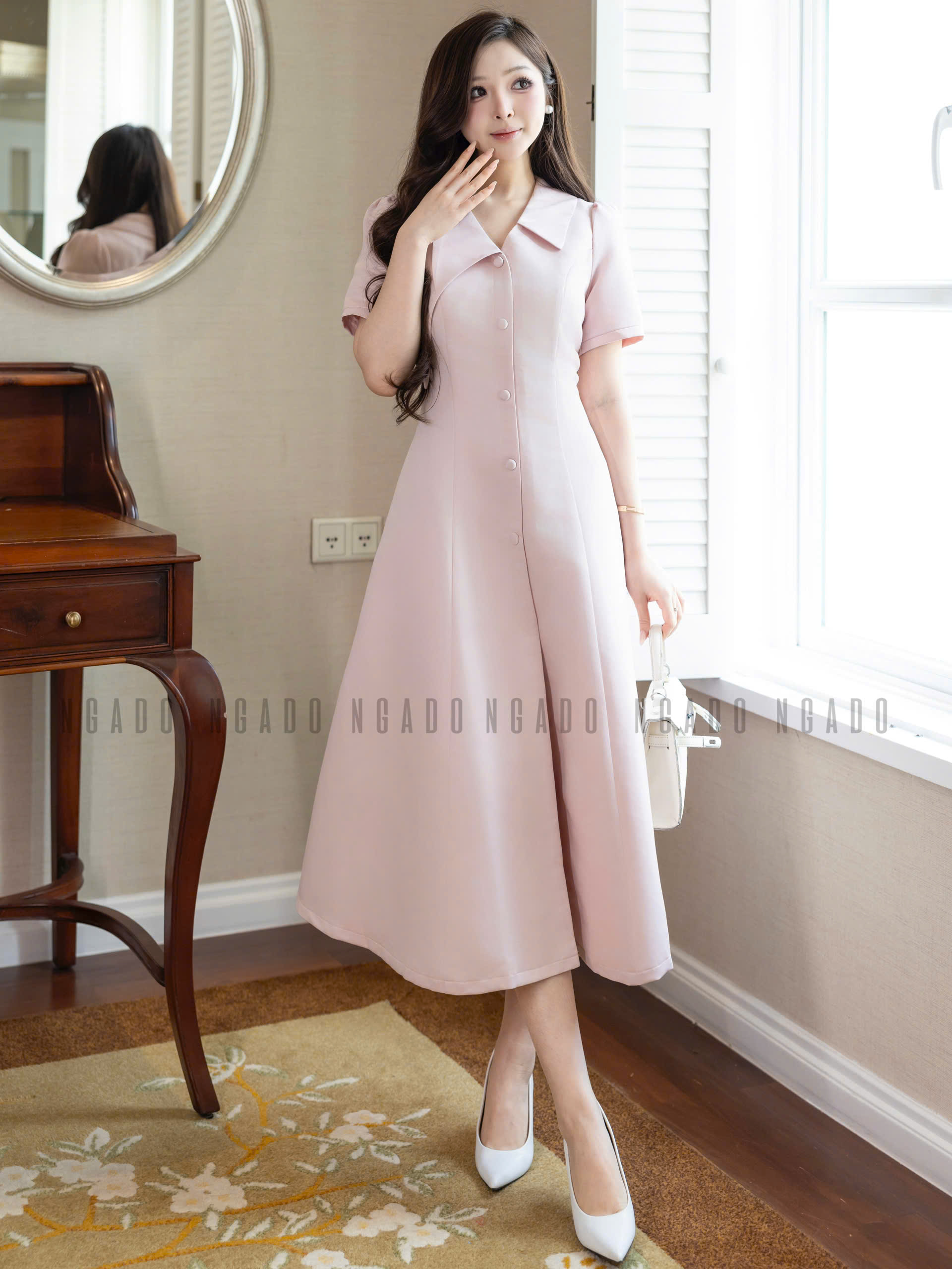 Đầm hồng cổ vest NGADO , đầm công sở , dự tiệc