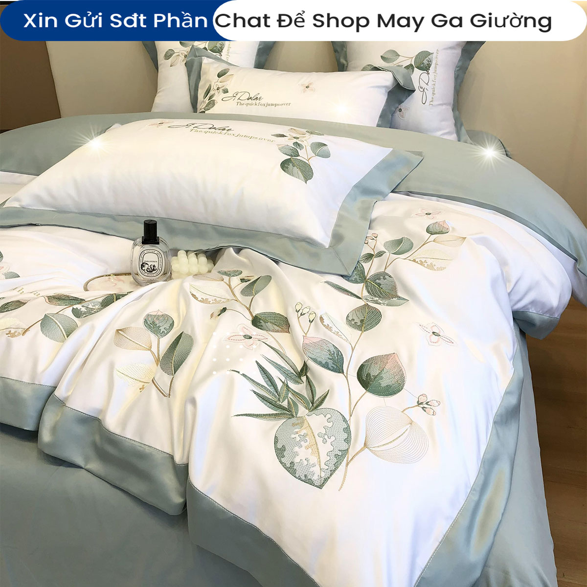 Bộ Chăn Ga Gối Đệm Phi Lụa Tencel Silk Green Lead Home ANNA NGUYÊN Bộ Chăn Ga 5 Món Drap Giường Phi Bóng Cao Cấp Chăn Chần Bông