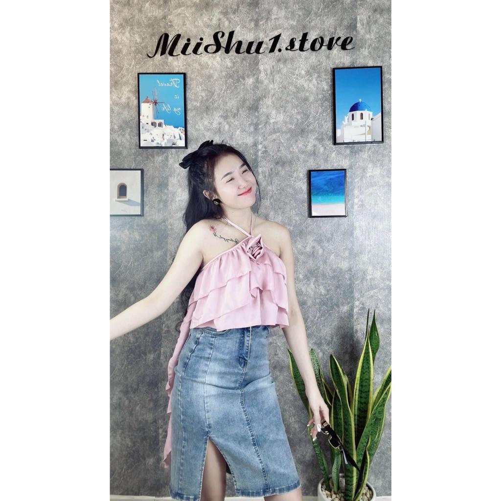 Áo nữ kiểu yếm croptop đính hoa tầng tà dài dây vai chéo cực sang cho cô nàng xinh đẹp