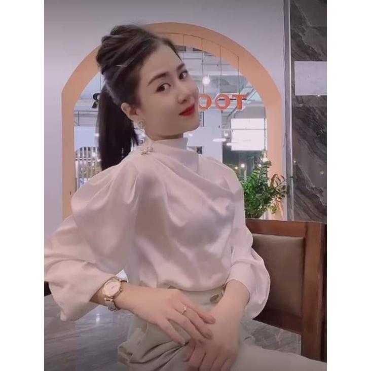 Áo sơ mi nữ công sở thời trang SURI lụa latin dài tay,thiết kế hiện đaị,cổ cách điệu,vai đính cúc ngọc