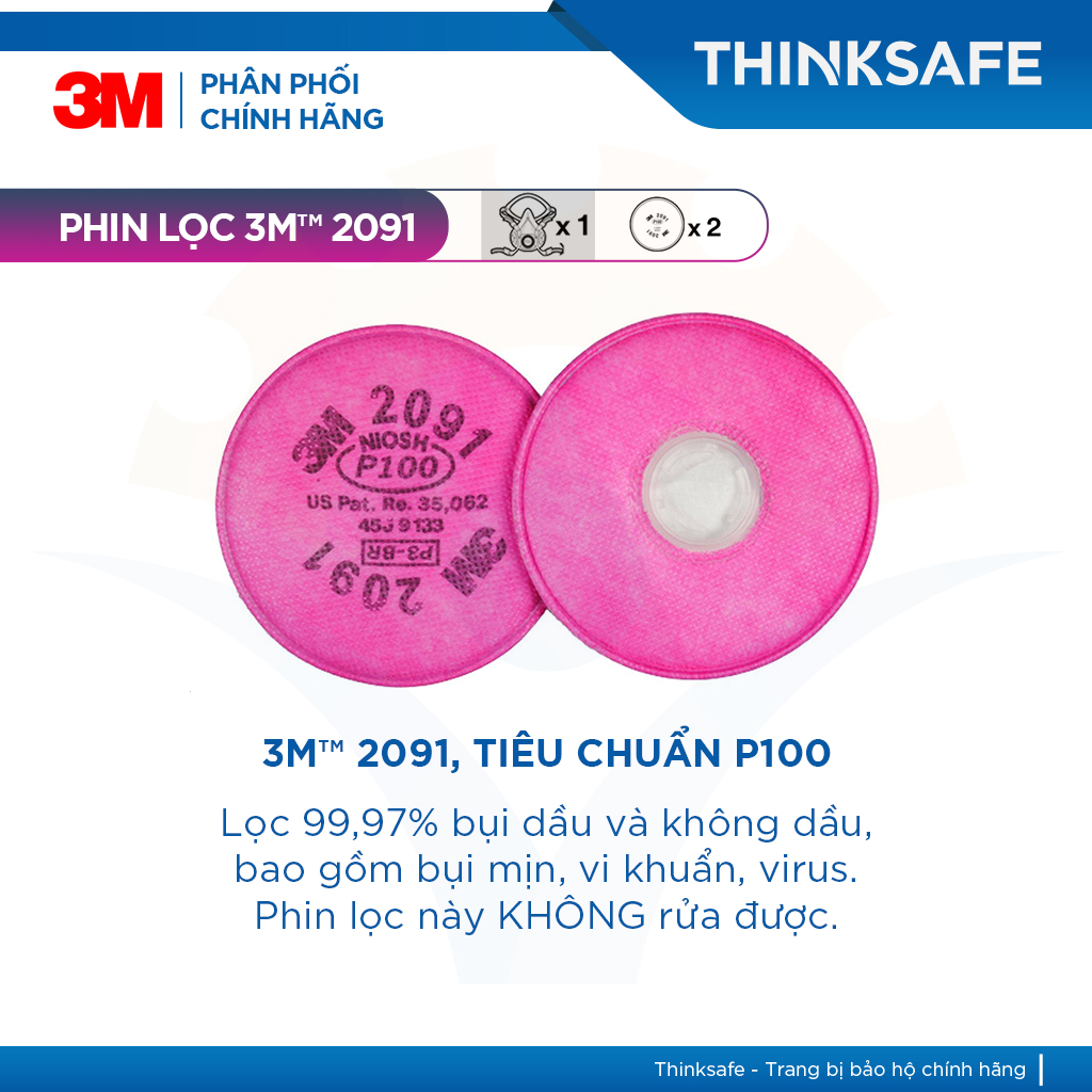 Mặt nạ phòng độc 3M 7502 kết hợp phin lọc 3M 2091 | Chống độc, khói hàn, bụi mụn - Thinksafe