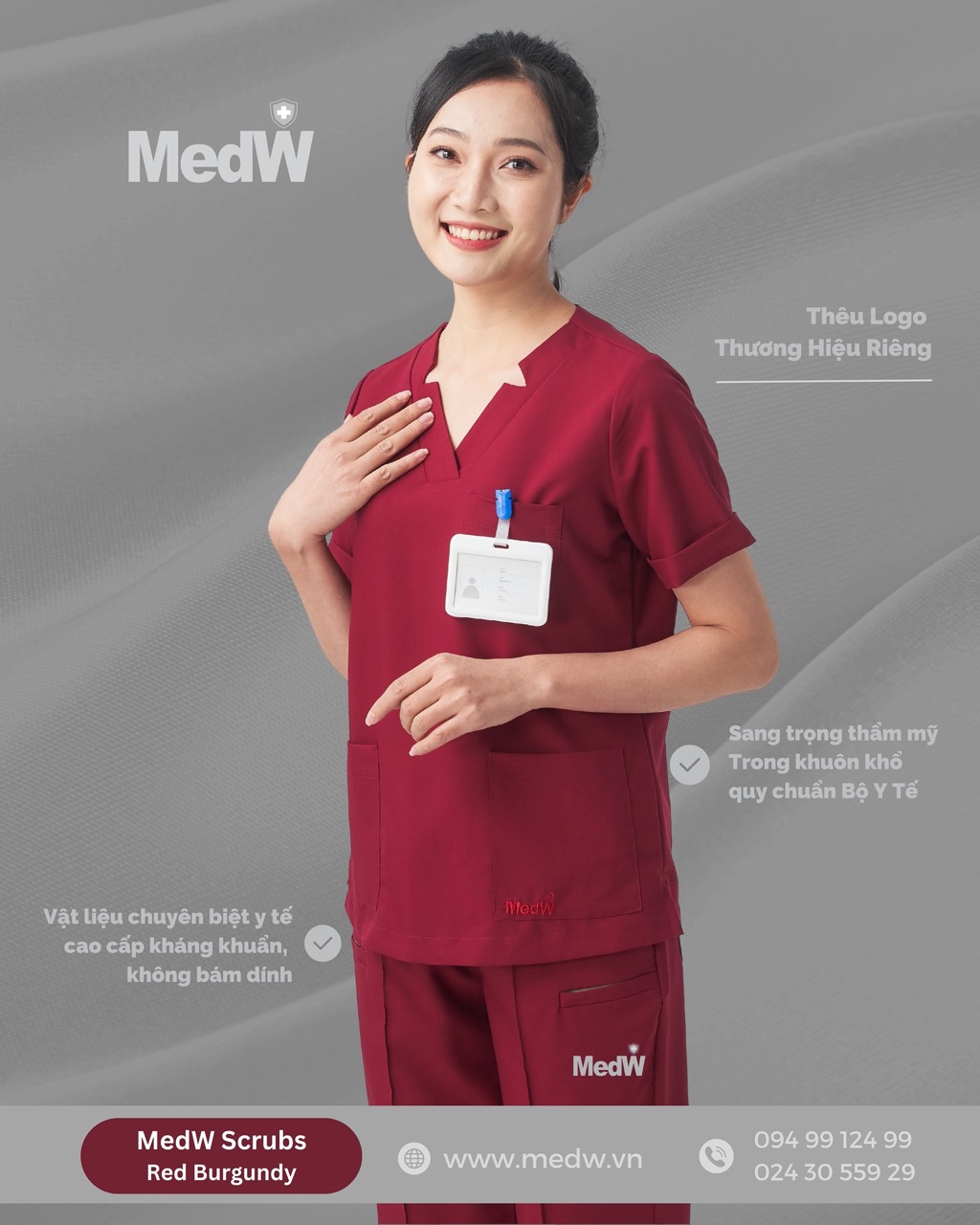 MedW Diana Scrubs Y Tế Red Burgundy (Nữ) Đỏ Rượu Vang Trang Phục Y Tế Bác Sĩ Điều Dưỡng Thẩm Mỹ Viện Spa Phòng Khám Bệnh Viện Thiết Kế Cách Tân Trang Trọng Không Bám Dính Không Nhăn Mềm Êm Xếp Ly Giữ Dáng