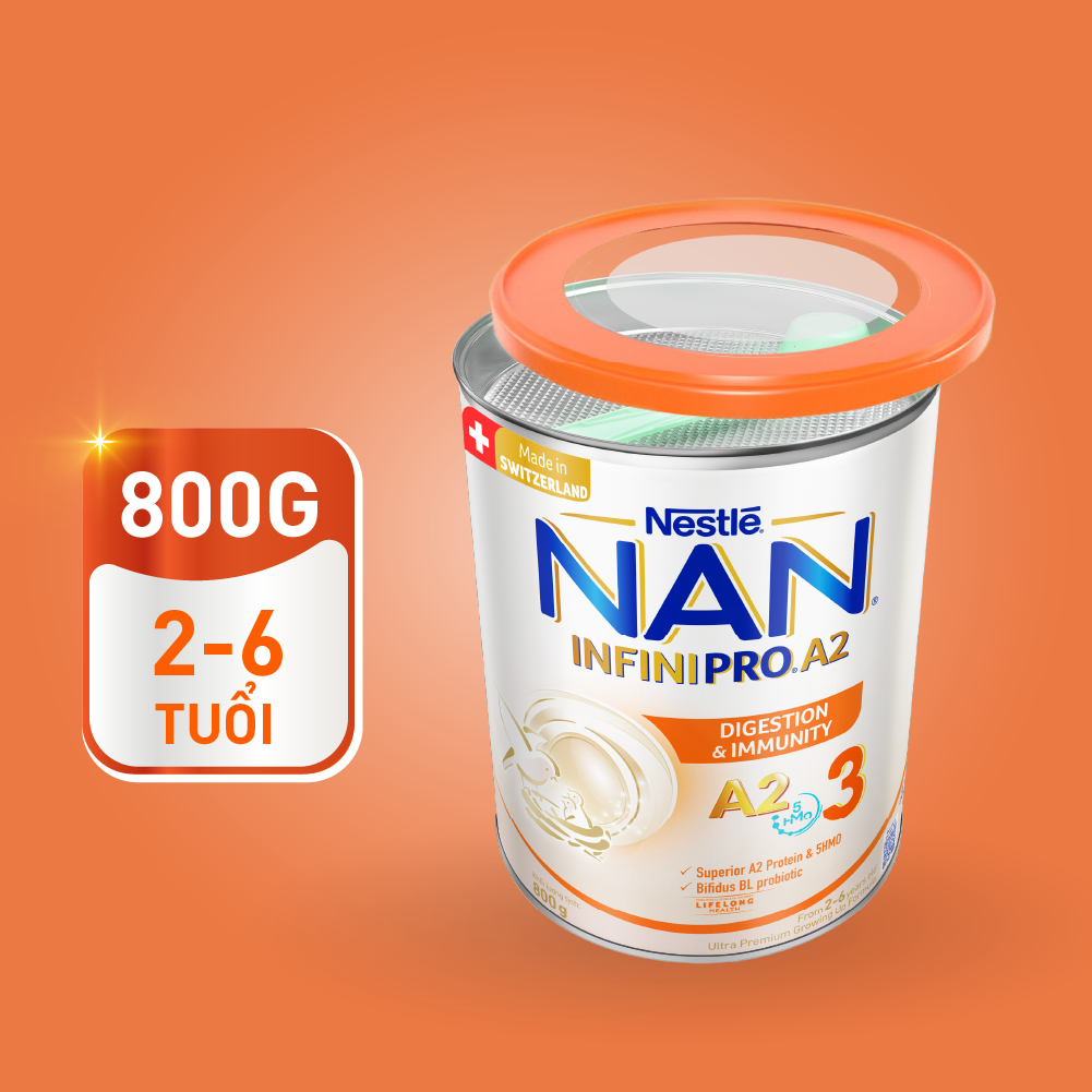 Bộ 2 Lon Sữa bột NAN  INFINIPRO A2 800g Thụy Sĩ 3 với đạm quý A2 tiêu hóa tốt sau 7 ngày và 5HMO tăng cường đề kháng (2 - 6 tuổi)