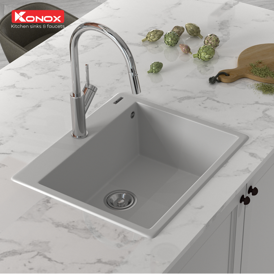 Chậu rửa bát Konox, Granite Series, Model Ruvita 680, Full set gồm Siphon+Giá úp bat Made in Italy, 680*500*200(mm), Hàng chính hãng