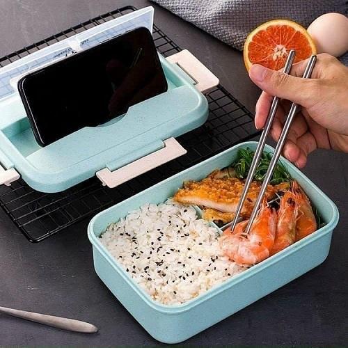 Hộp Đựng Cơm Lúa Mạch 3 Ngăn Kèm Đũa Thìa Inox Cao Cấp