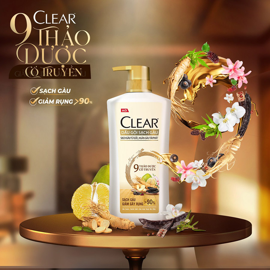 Dầu Gội CLEAR 9 Thảo Dược Cổ Truyền Sạch Gàu Giảm Gãy Rụng 630G