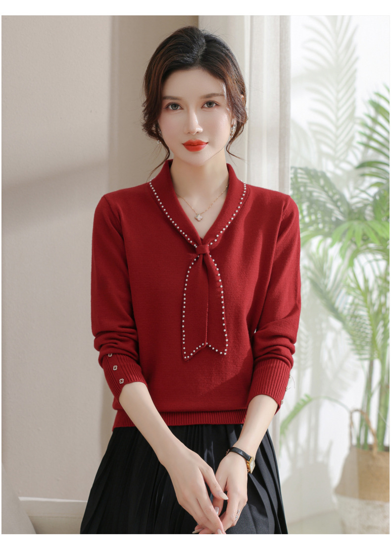 Áo Len Dệt Kim Cổ Nơ Đính Cườm Thời Trang Cho Nữ AL100 - Hàng Quảng Châu Cao Cấp