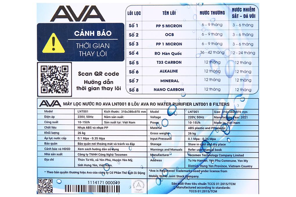 Máy lọc nước RO AVA LNT001 8 lõi - Hàng chính hãng - Giao hàng toàn quốc