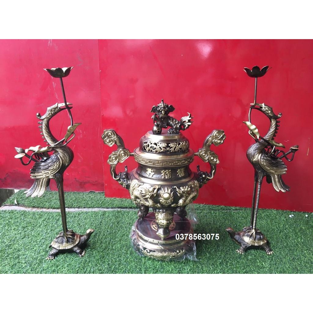 Bộ đỉnh rồng tam sự nặng 15,8kg bằng đồng vàng hun giả cổ cao 50cm