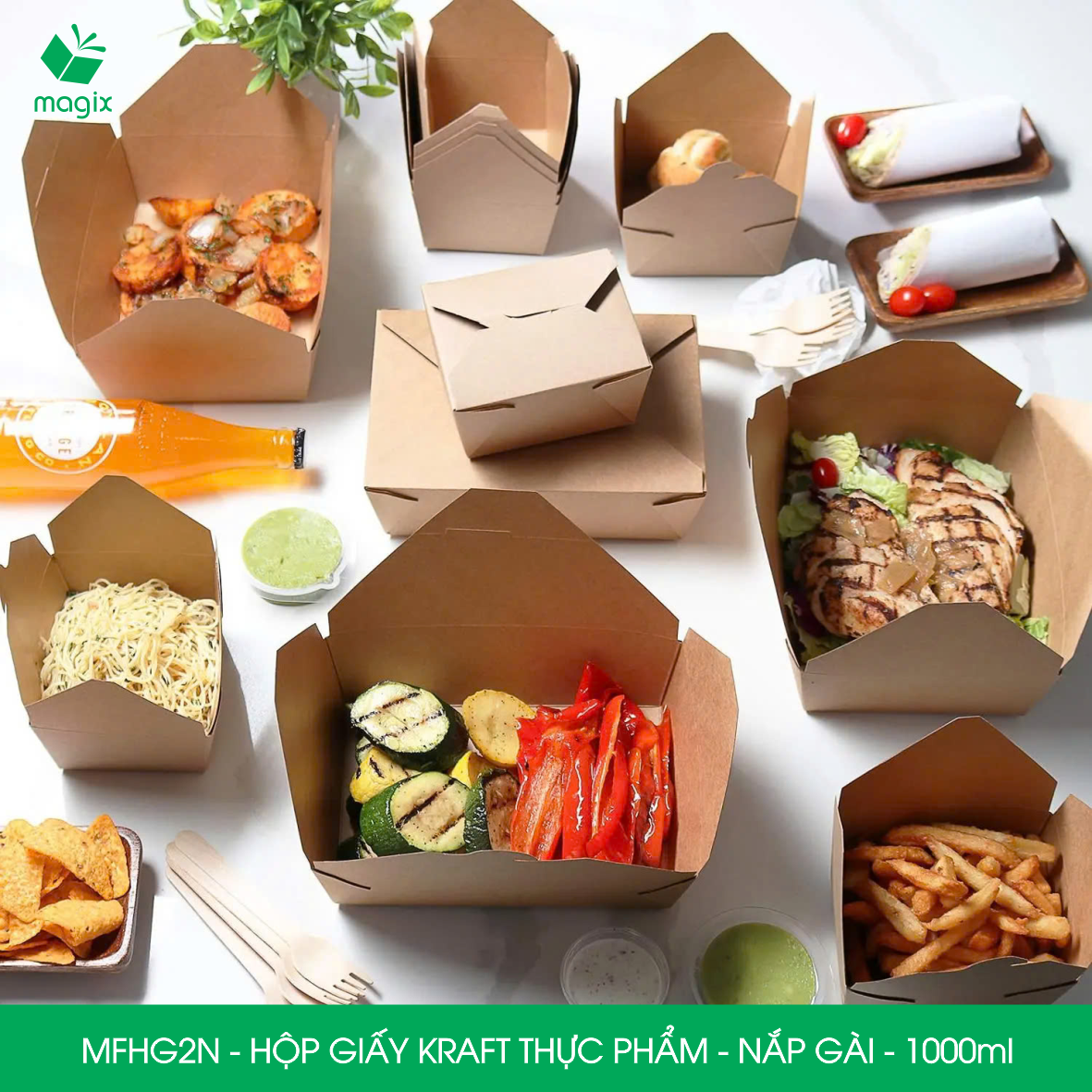 MFHG2N - 25 hộp giấy kraft thực phẩm 1000ml, hộp giấy nắp gập màu nâu đựng thức ăn, hộp giấy nắp gài gói đồ ăn mang đi