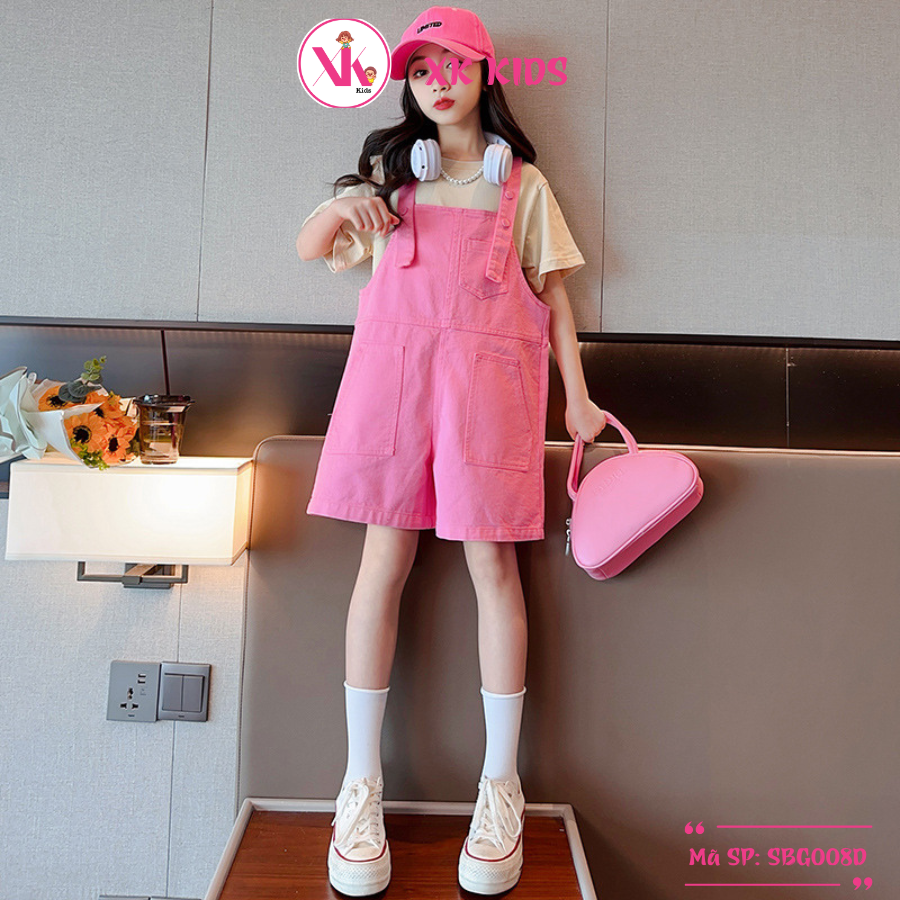 Set yếm bé gái chất thô cao cấp áo chất cotton màu hồng XK KIDS SBG008D