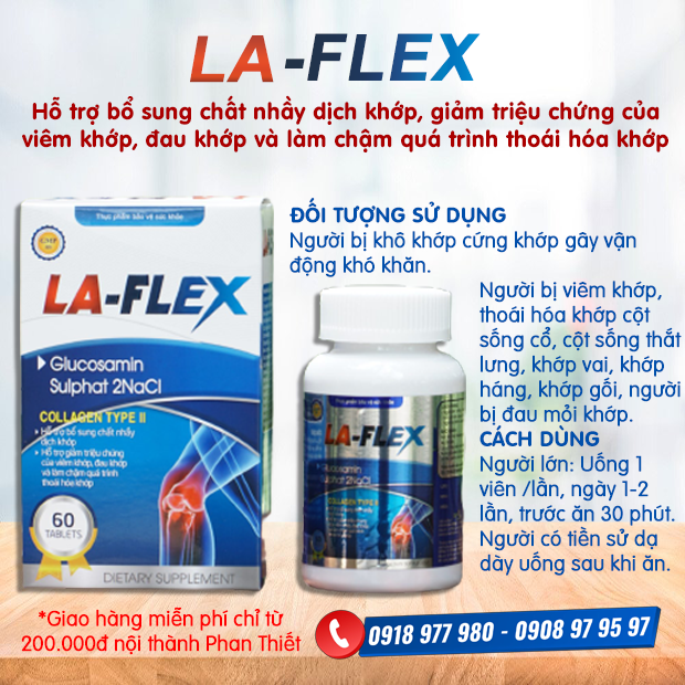 LA-FLEX - Hỗ trợ bổ sung chất nhầy dịch khớp, bảo vệ khớp, giúp khớp vận động linh hoạt, giảm triệu chứng của viêm khớp, đau khớp và làm chậm quá trình thoái hóa khớp.