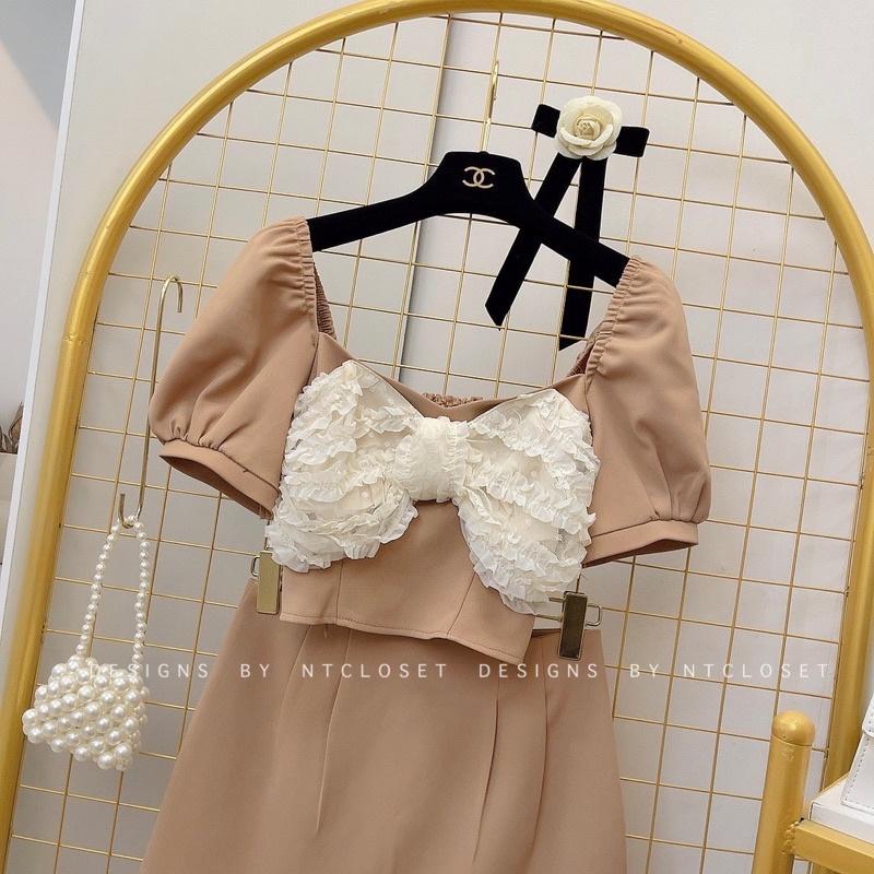 Set áo nơ hoa nổi mix chân váy A nt closet