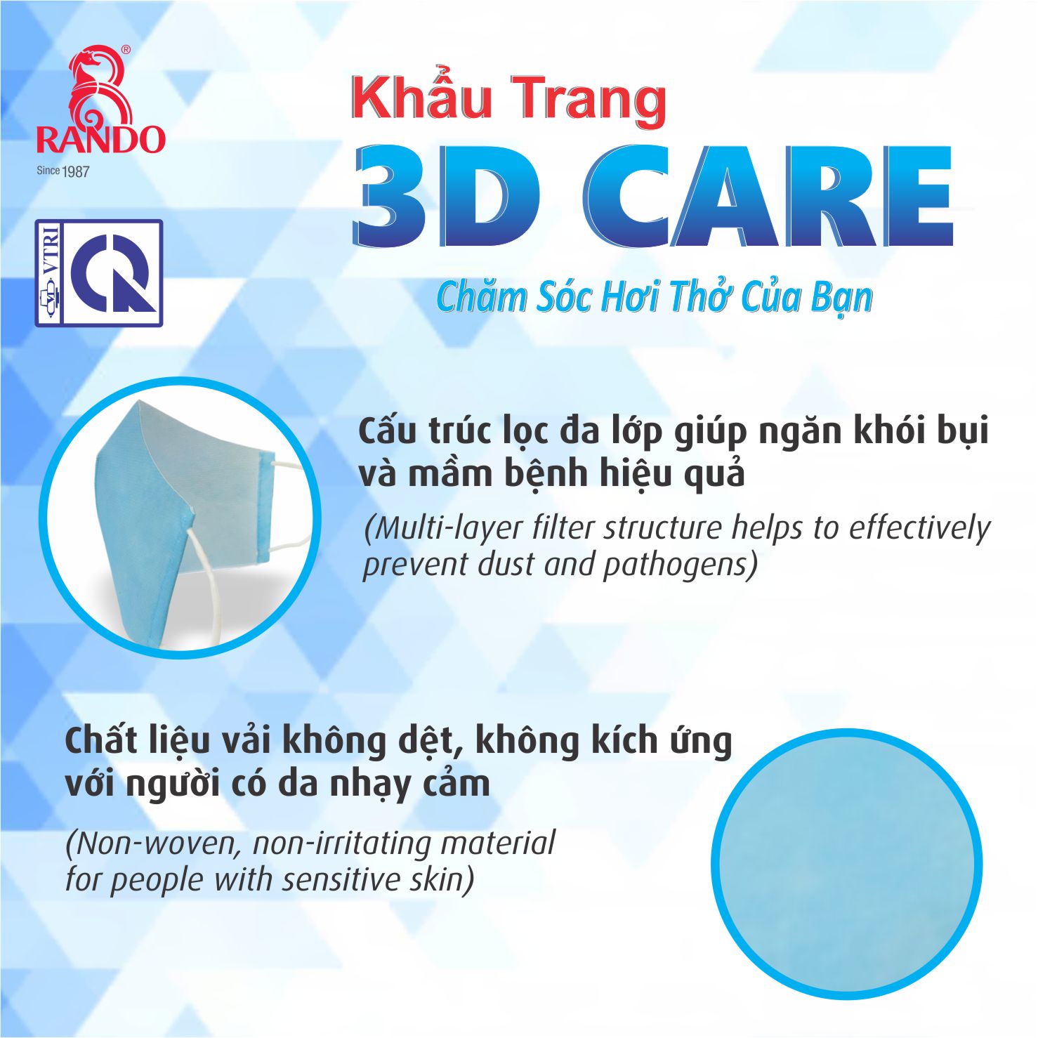 KHẨU TRANG NGƯỜI LỚN VẢI 3D CARE CHÍNH HÃNG RANDO