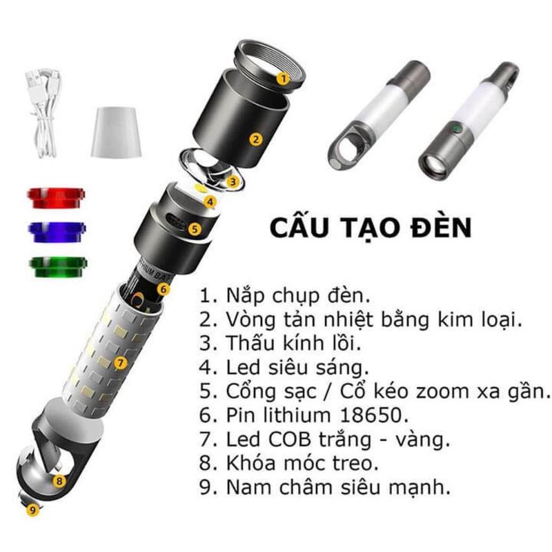 Đèn pin siêu sáng cầm tay có zoom xa gần, đèn led cắm trại dã ngoại 8 chế độ sáng, 5 màu ánh sáng có móc treo tiện dụng Mai Lee