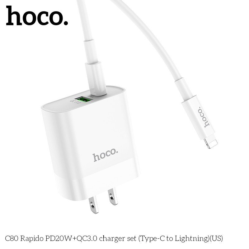 Bộ Sạc Nhanh Dành Cho Hoco. C80 PD20W QC3.0 2 Cổng Type-C + USB-A Kèm Cáp Type-C To IP Dây Dài 1m HÀng Chính Hãng