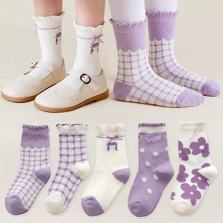 Set 5 đôi tất vớ cotton cổ ren cao mềm ấm cho bé hình korean girl màu tím