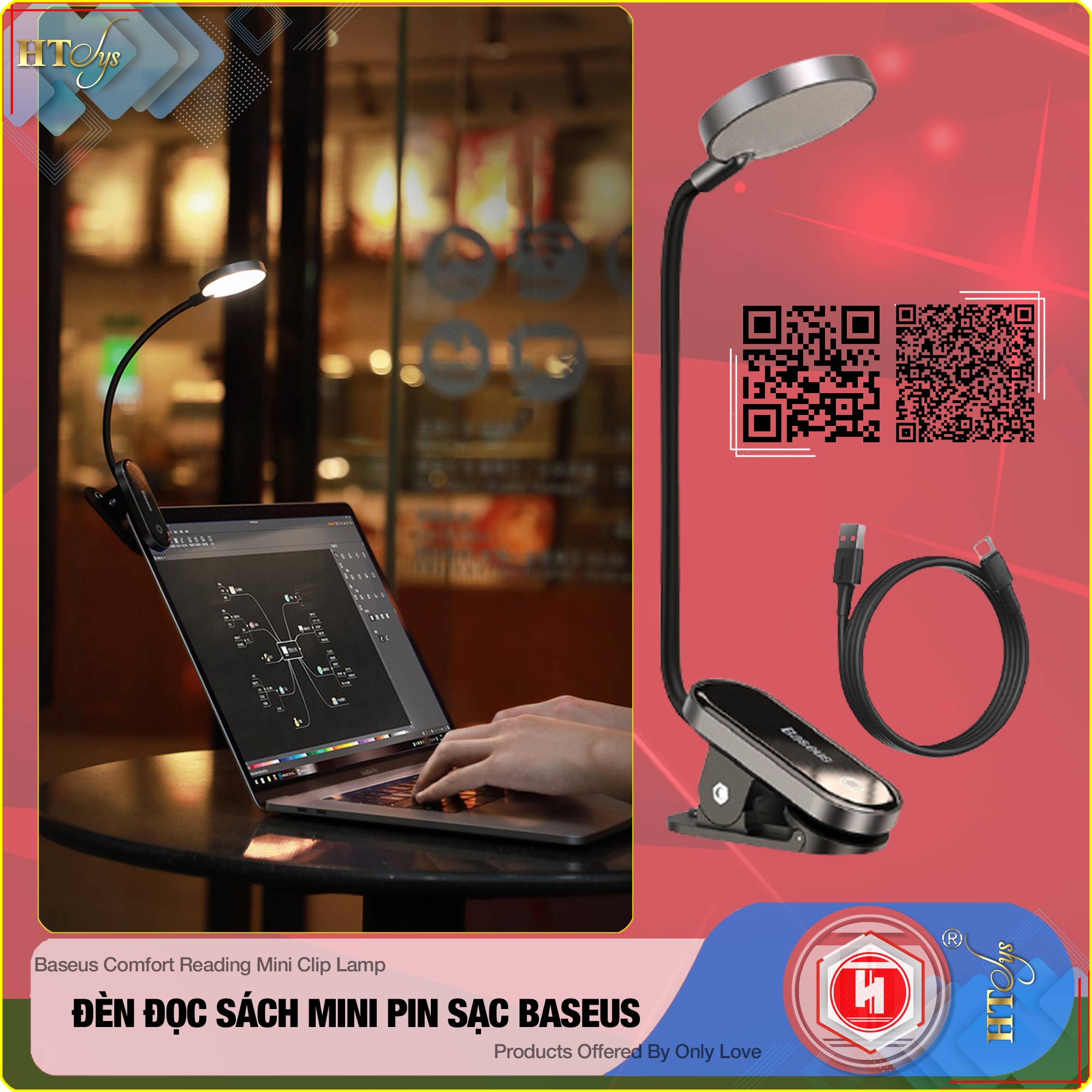 Đèn đọc sách mini Baseus Comfort Reading Mini Clip Lamp - Pin sạc 350mAh - Chân đế kẹp - 03 Cường độ sáng - 24H sử dụng - Hàng Nhập Khẩu