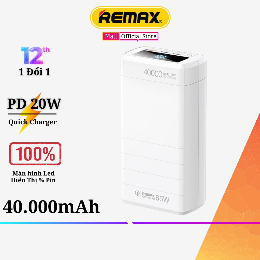 Pin sạc dự phòng 40000mAh 65W PD QC Remax RPP-310 sạc nhanh cho smatphone ipad máy tính bảng laptop Hàng Chính hãng Remax