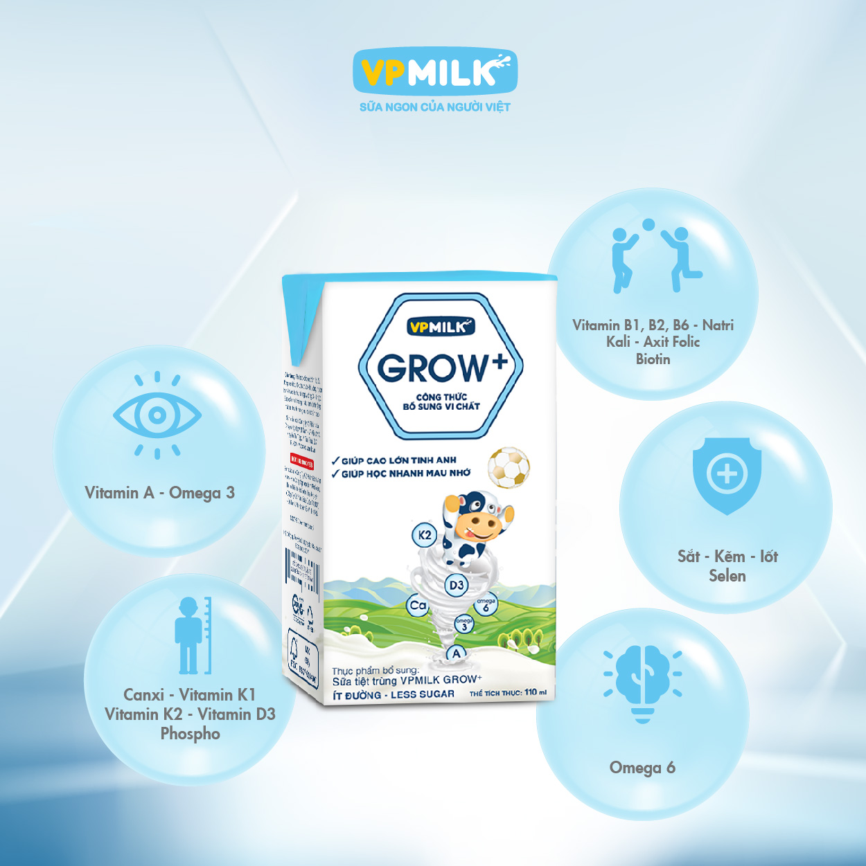 Sữa Tiệt Trùng Ít Đường VPMilk Grow+ Hộp 110ml (Thùng 48 Hộp)