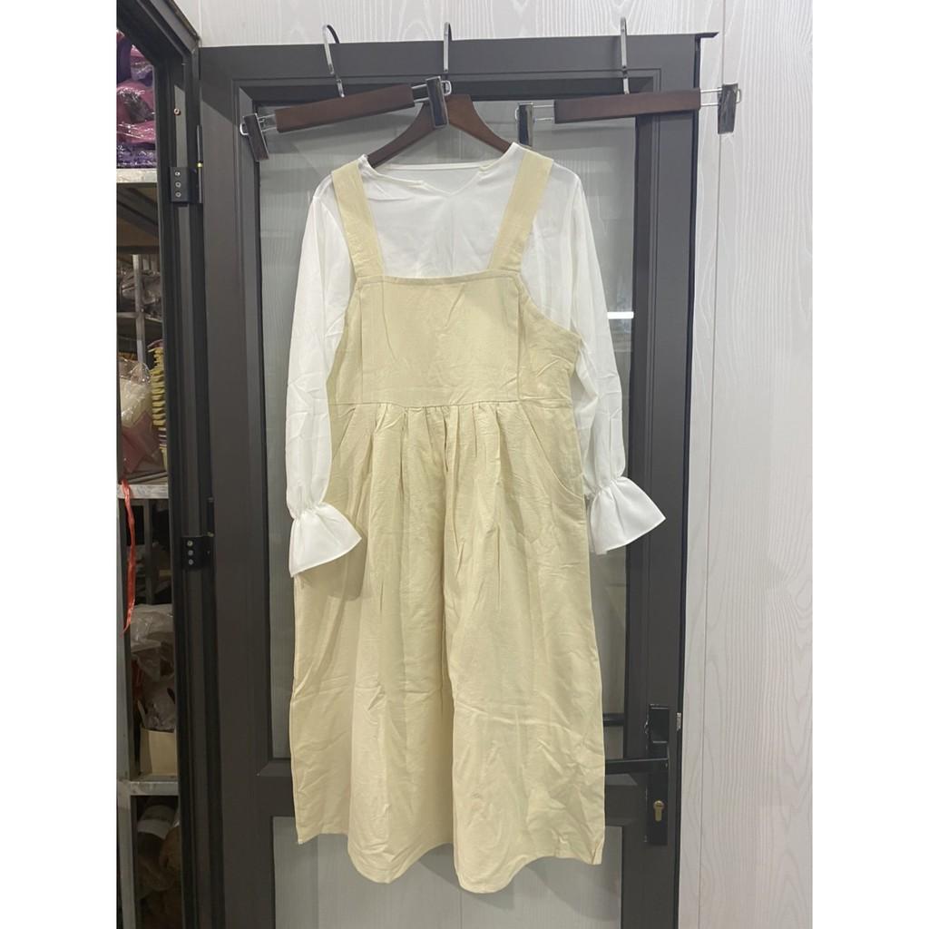 Set Ulzzang áo sơ mi váy yếm thô