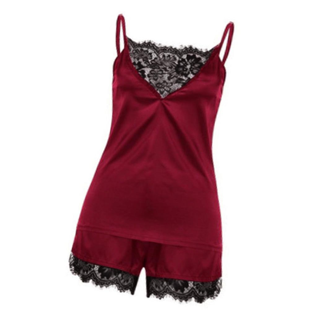 Wine Red Women's Lace Satin Sleepwear Cami Top and Shorts Pajama S