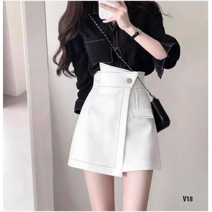 Chân váy viền chỉ nổi cạp chéo - quần giả váy lưng cao phong cách Hàn Quốc Kanimi