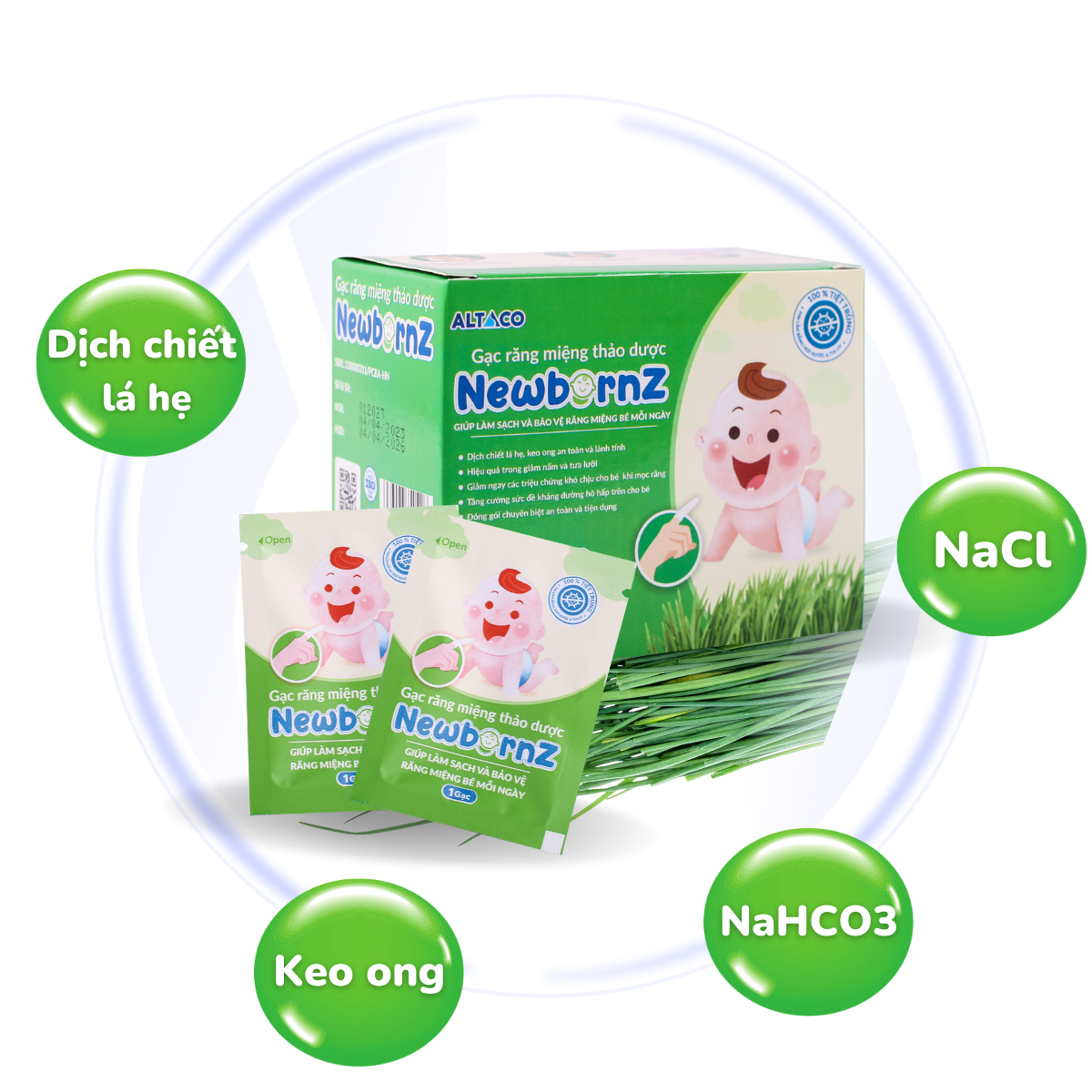 Gạc răng miệng thảo dược NewbornZ ( Hộp 20 gói) rơ lưỡi cho trẻ sơ sinh và trẻ nhỏ