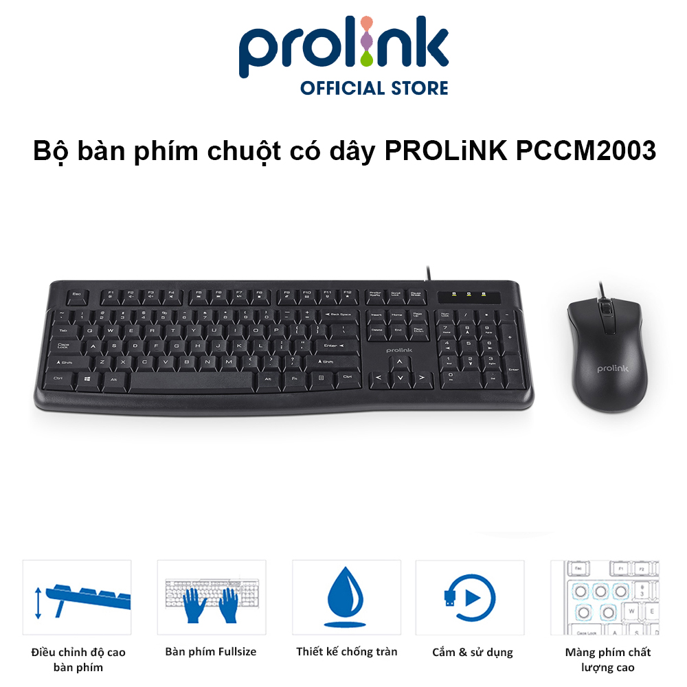 Bộ bàn phím chuột có dây PROLiNK PCCM2003 Fullsize cao cấp, chống thấm nước, độ nhạy cao dành cho máy tính, Laptop - Hàng chính hãng