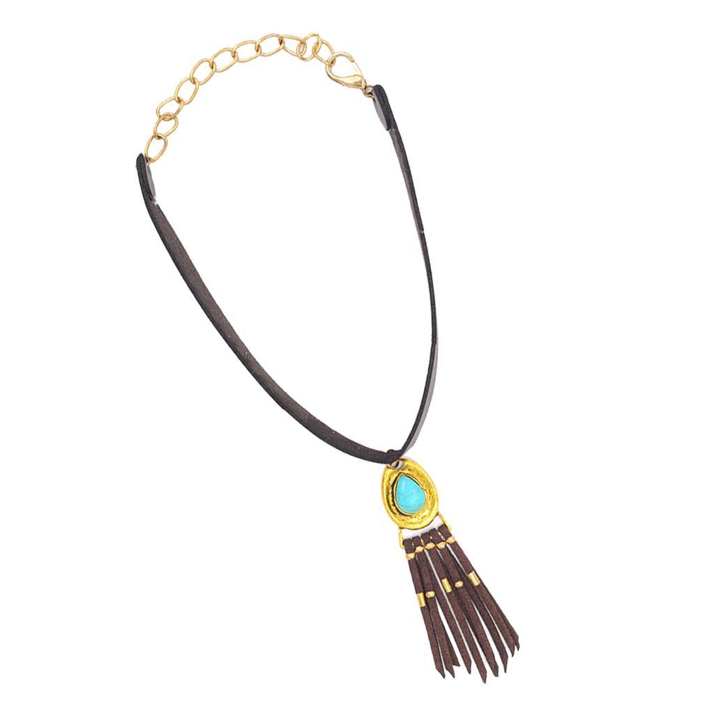 Women Bohemian PU Leather Choker Necklace Charm Pendant with Tassels