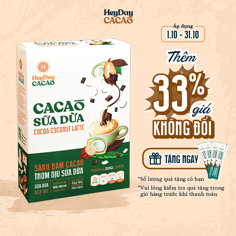 Bột Cacao Sữa Dừa Heyday - Hộp Giấy 12 Gói Tiện Lợi 20g - Bột cacao sữa dừa tự nhiên, thuần chay - Heyday Cacao