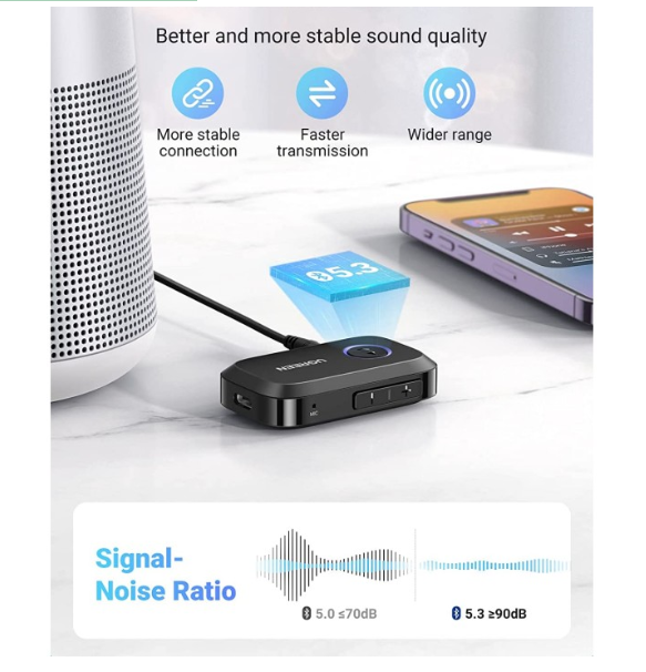 Thiết Bị Nhận Âm Thanh Bluetooth 5.3 Ugreen 90748 khoảng cách 15m, kết nối cùng lúc 2 thiết bị - Hàng chính hãng