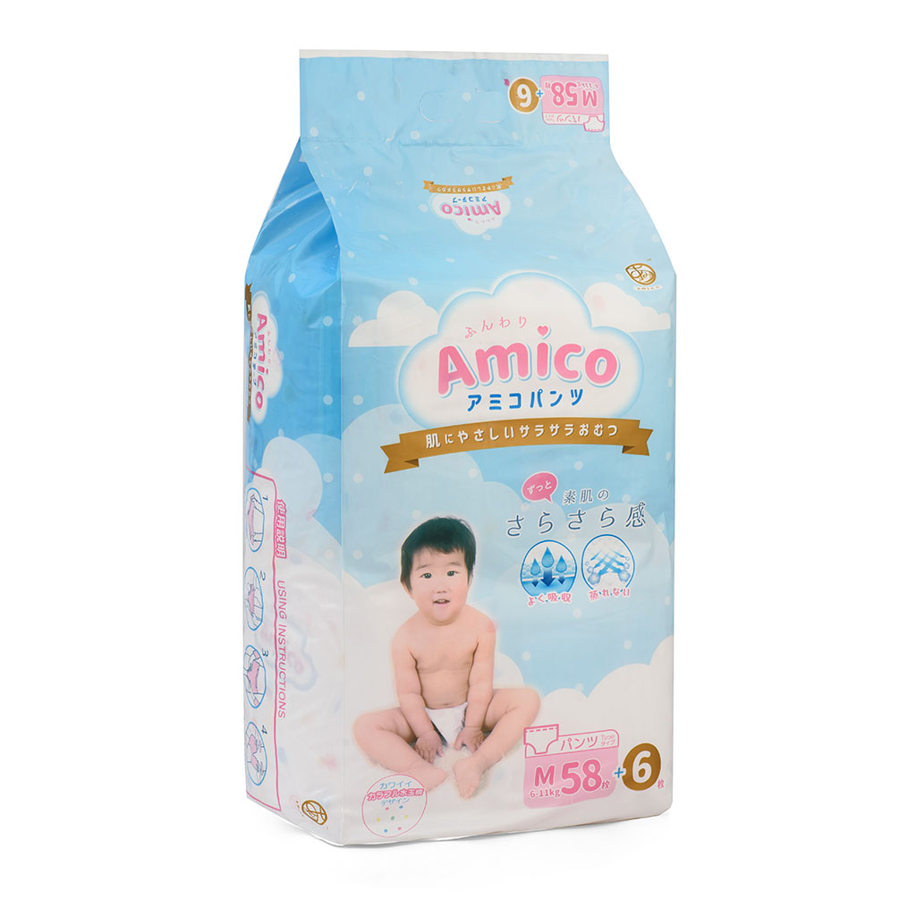 Bỉm - Tã quần Amico size M 58 + 6 miếng (Cho bé 6 - 11kg)