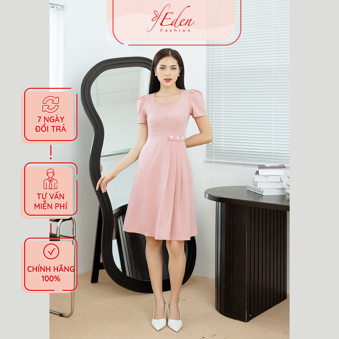 Đầm xòe công sở cổ vuông xếp ly 2 lớp thiết kế thời trang Eden tay phồng ngắn dây kéo sau lưng - D481