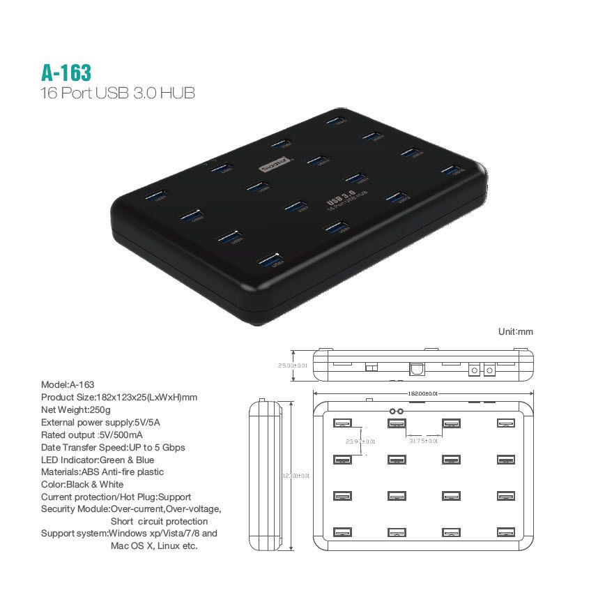 Hub usb 20 cổng Vinetteam Sipolar A-805P hỗ trợ 20 thiết bị USB (dcom 3g 4g), cung cấp nguồn 1.2A cho mỗi cổng để sạc nhanh cho điện thoại, iPad và máy tính bảng với bộ nguồn 12V/10A - hàng chính hãng