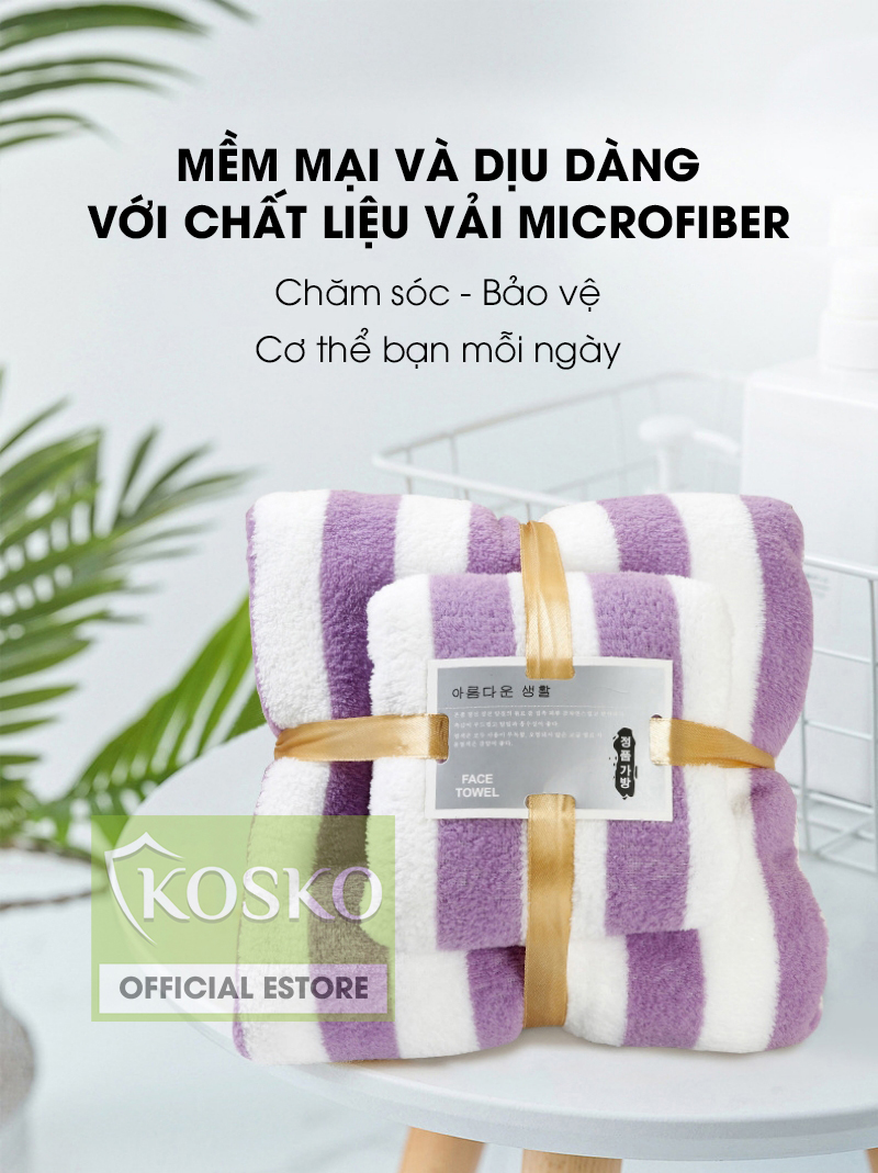Bộ 2 khăn tắm khổ lớn microfiber KOSKO kích thước 70x140cm và 35x75cm siêu thấm hút không rụng lông