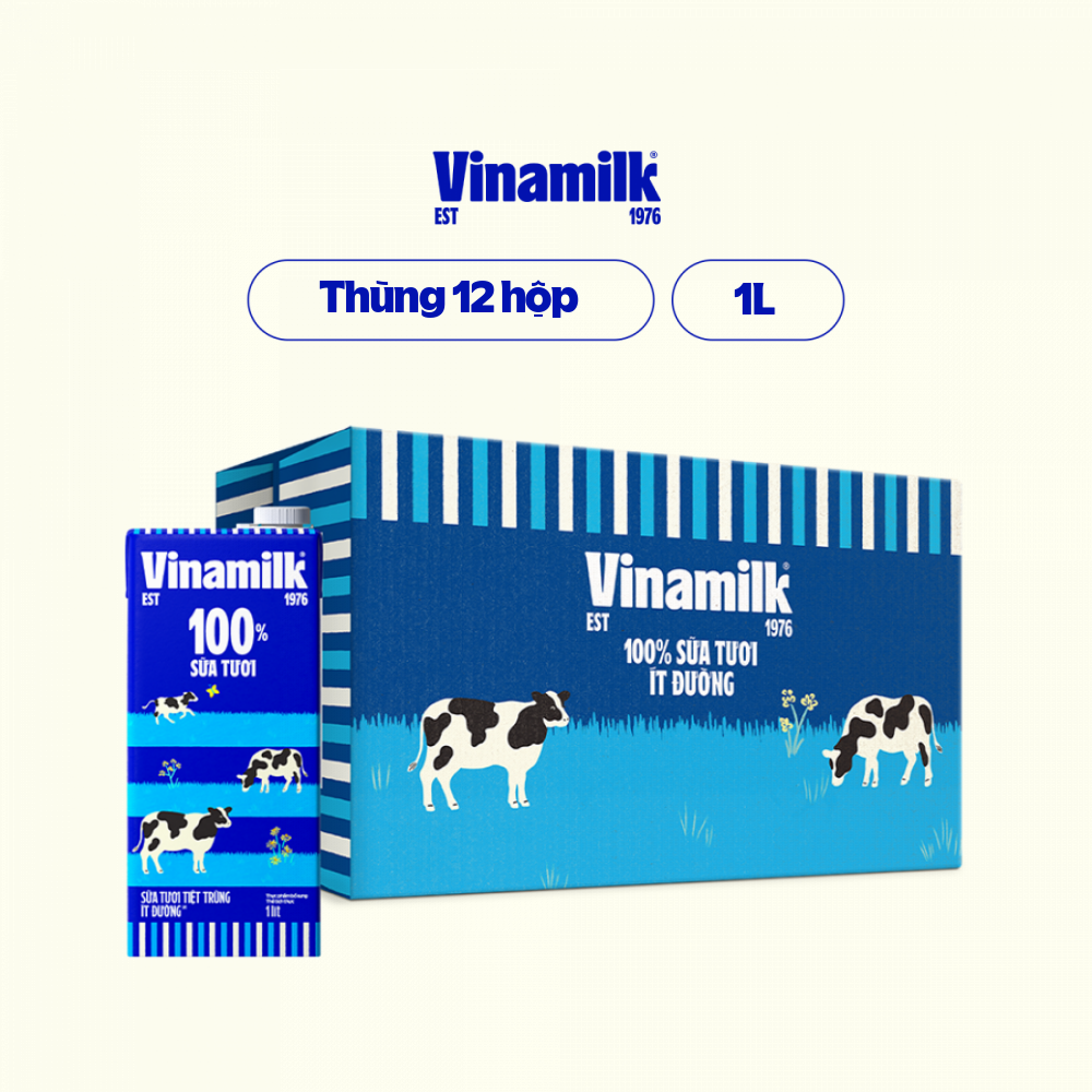 Thùng 12 Hộp Sữa Tươi Tiệt Trùng Vinamilk 100% Ít Đường (1L)