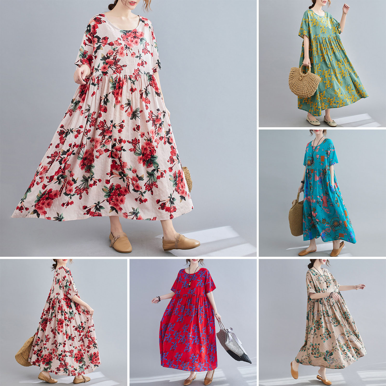 Women Vintage Dress Floral Print Pockets Mid-Calf Loose O-Neck Short Sleeves Dress Plus Size Casual